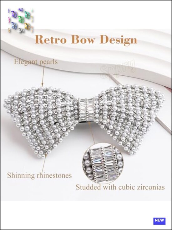 Vintage Pearl Rhinestone Bow Hair Barrette with Cubic Zirconias, Adjustable for main image 5